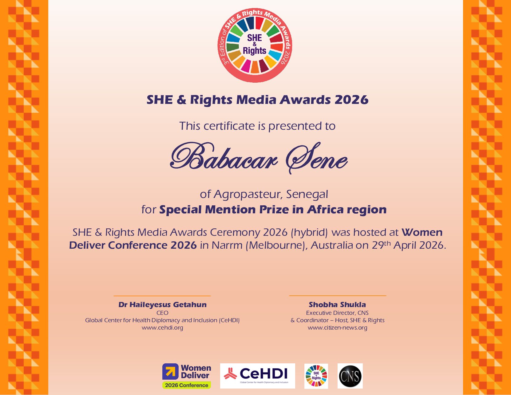 SHE & Rights Media Awards 2026 ! Babacar Sene remporte pour la 3 éme fois consécutive la Mention Spéciale pour la région Afrique | Félicitations pour avoir remporté la Mention Spéciale pour la région Afrique .
